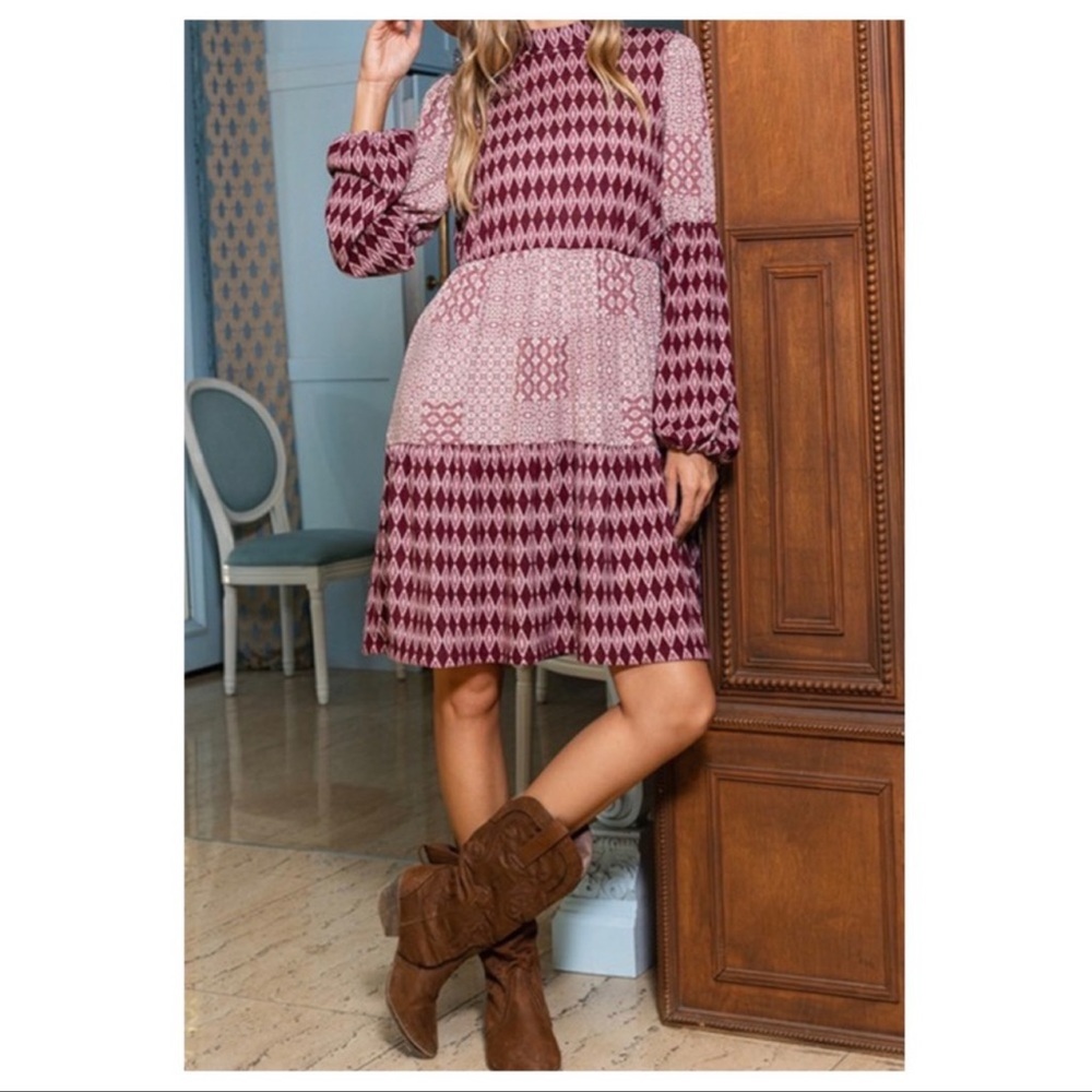 New Burgundy Puff Sleeve Multi Print Modest Fall Dress